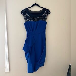 BCBGMaxAzria Royal Blue Embellished Illusion Midi Dress